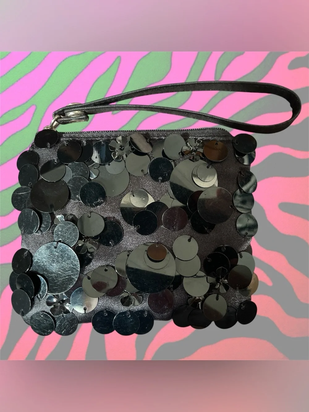 whimsygoth tiny black sequin wristlet evening bag clutch